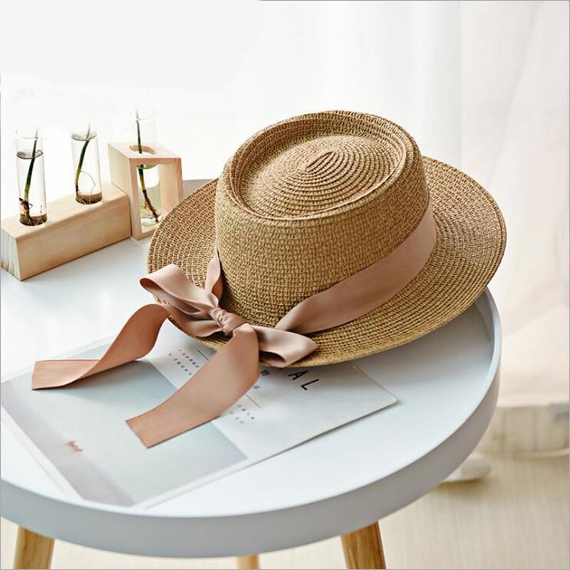 Summer Sun Hats Straw Hat Ribbon Bow Beach Hat Casual Straw Flat Top