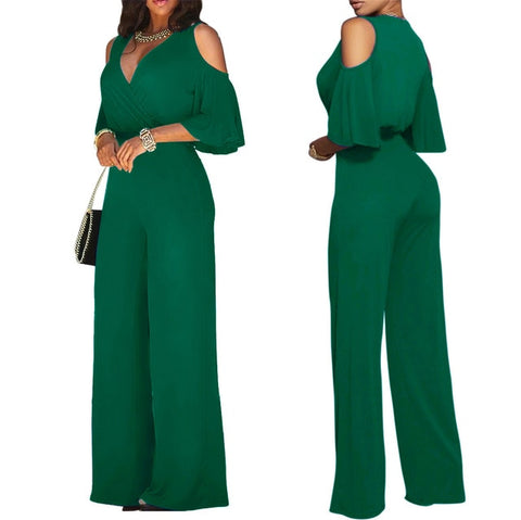 Off Shoulder Flare Sleeve Wide Leg Pants Jumpsuit Elegant Loose Romper