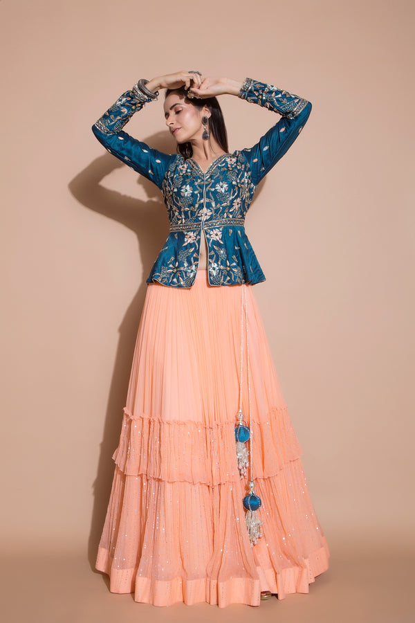 Blue Embroidered Jacket Style Lehenga Choli – FALAKENOOR