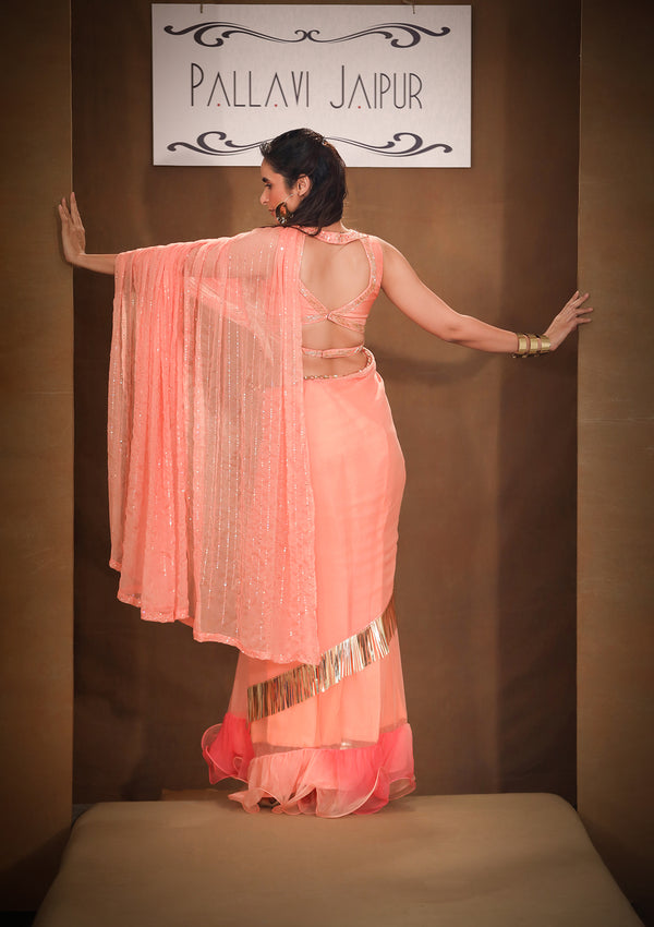 Haseena blush pink moti work ruffle saree