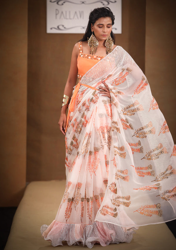 Buy Reeta Fashion Designer Orange Georgette Plain with printed ruffles Saree  with Unstitched Blouse Online at Best Prices in India - JioMart.