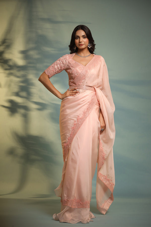 Ready to Wear Lycra Peach Ruffle Saree With Blouse