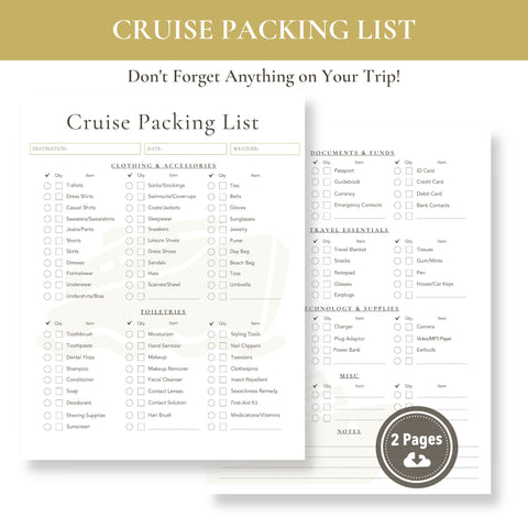 Travel Packing List Template,Printable PDF Checklist Planner , Cruise, –  Bagail