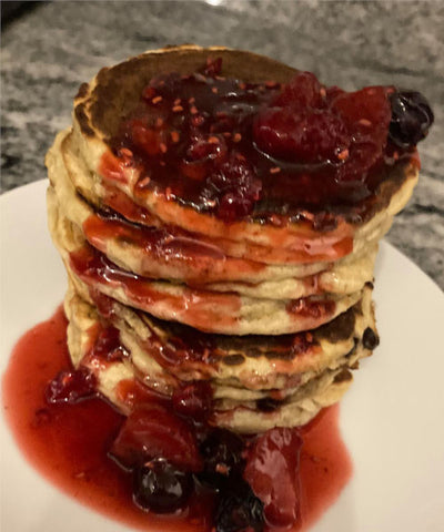 Chocolate & Banana Pancakes Alongside Protein Pancakes, Covered in Honey & Mixed Berry Compote