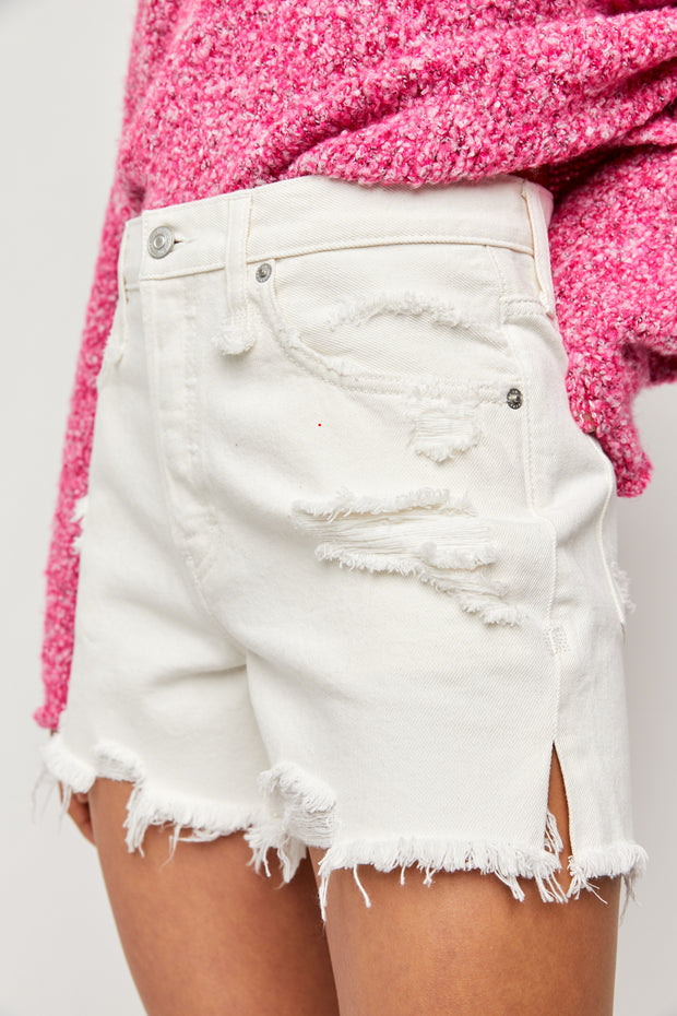 SNEAK PEEK High Rise Distressed Frayed Jean Shorts – Nova Lee Boutique