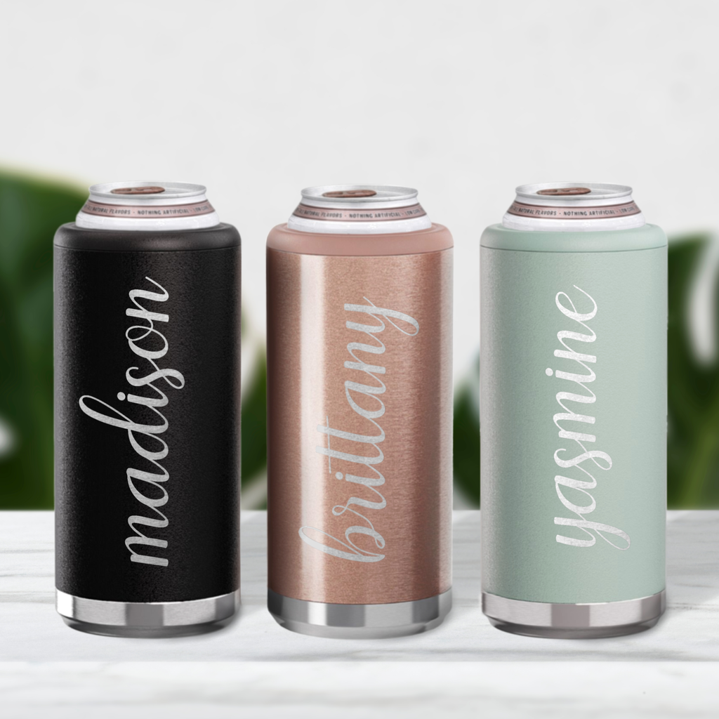 Three can coolers in different colors with engraved names