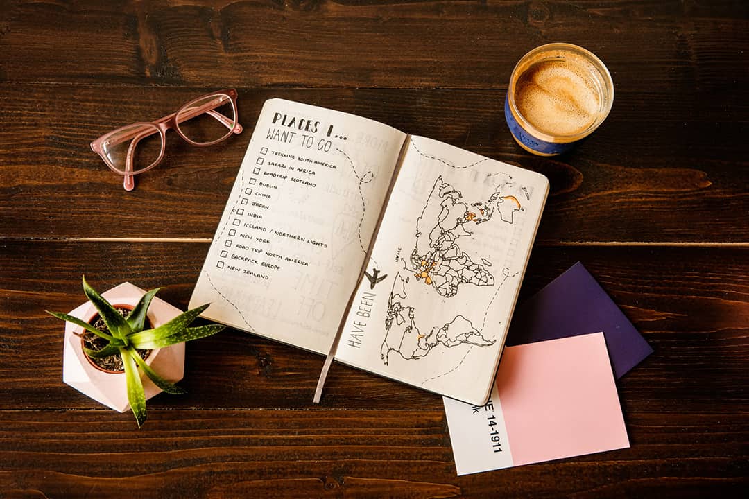 A journal with travel plans sketched on the pages