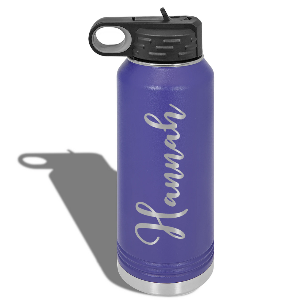 A purple personalized water bottle