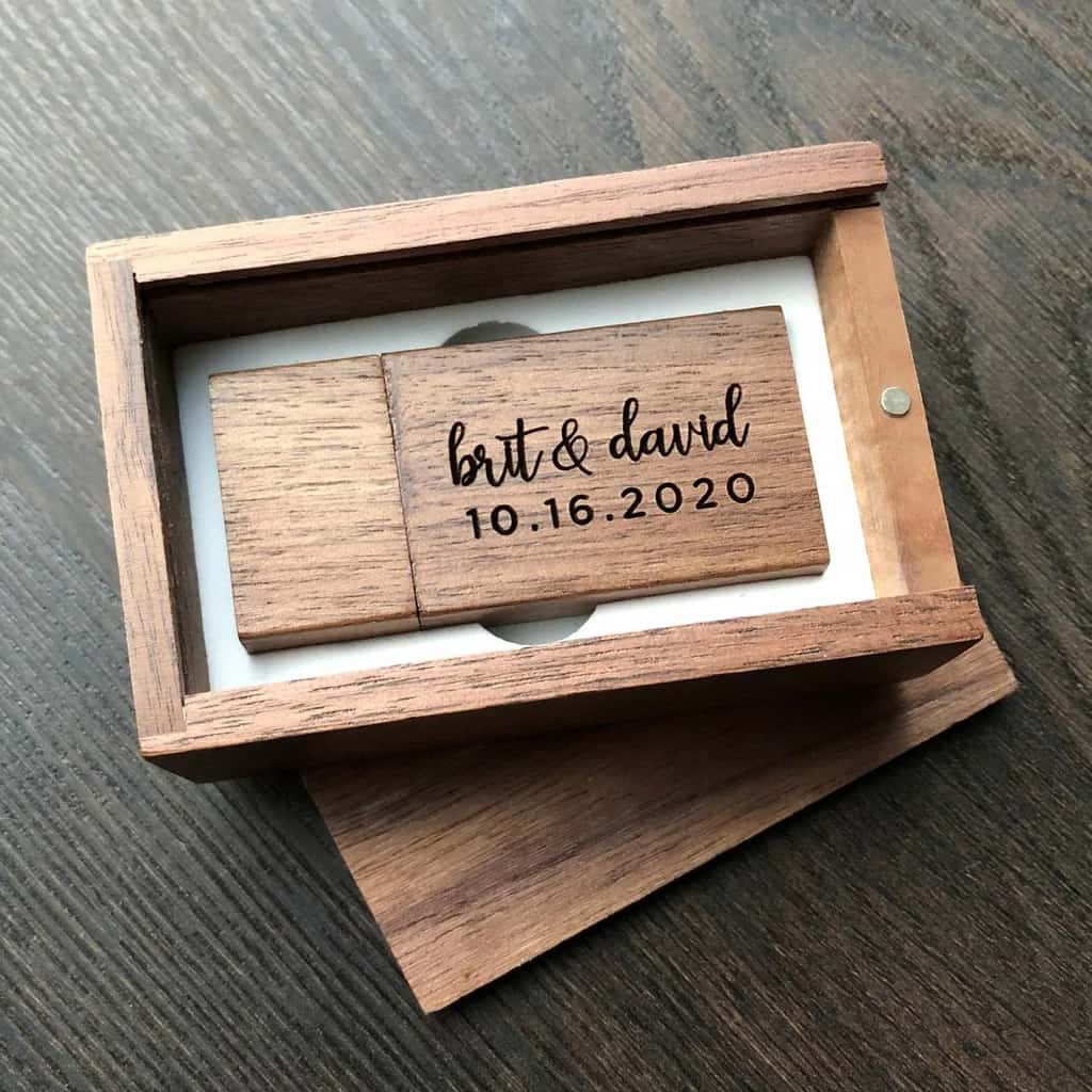 A wooden personalized USB drive