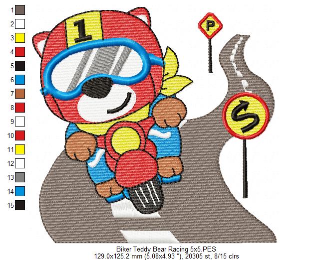 Biker Teddy Bear Racing - Fill Stitch - 3x3 4x4 5x5 6x6 7x7