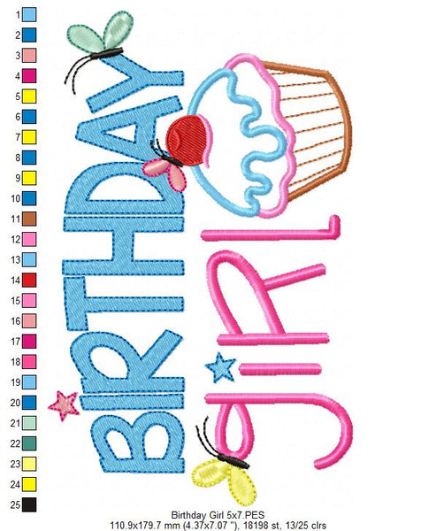 Birthday Girl Cupcake - Applique & Fill Stitch - 5x7 6x10