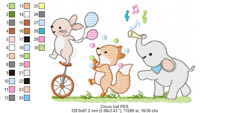 Musical Animals Circus - Fill Stitch - 5x4 5x5 5x7 6x10 7x12