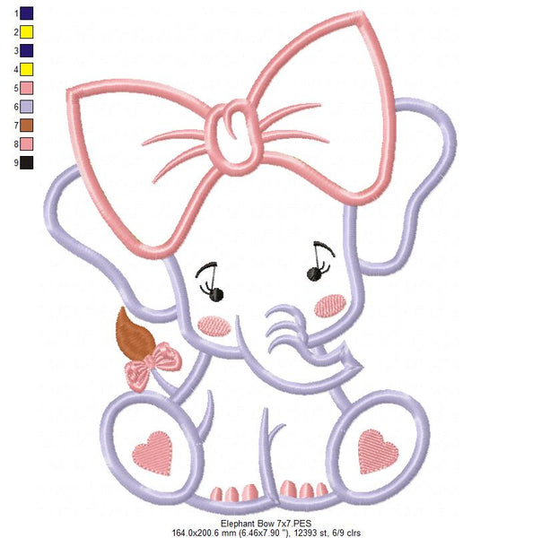 Baby Elephant with Big Bow - Applique - 4x4 5x4 5x6 5x7 7x7
