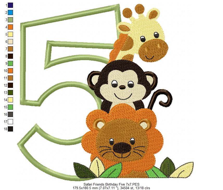 Safari Friends Number Five 5th Birthday - Applique - 4x4 5x5 6x6 7x7