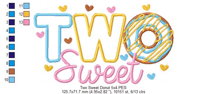 Two Sweet Donut 2nd Birthday - Applique - 4x4 5x4 5x7 5x8 6x10 7x12
