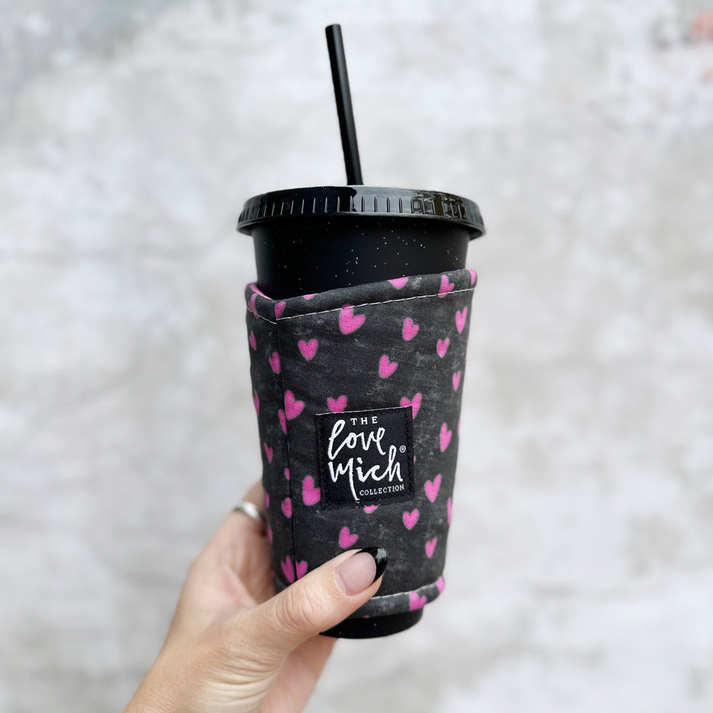 Purple Hearts on Distressed Chalkboard - Coffee Cozy - Love Mich Exclusive