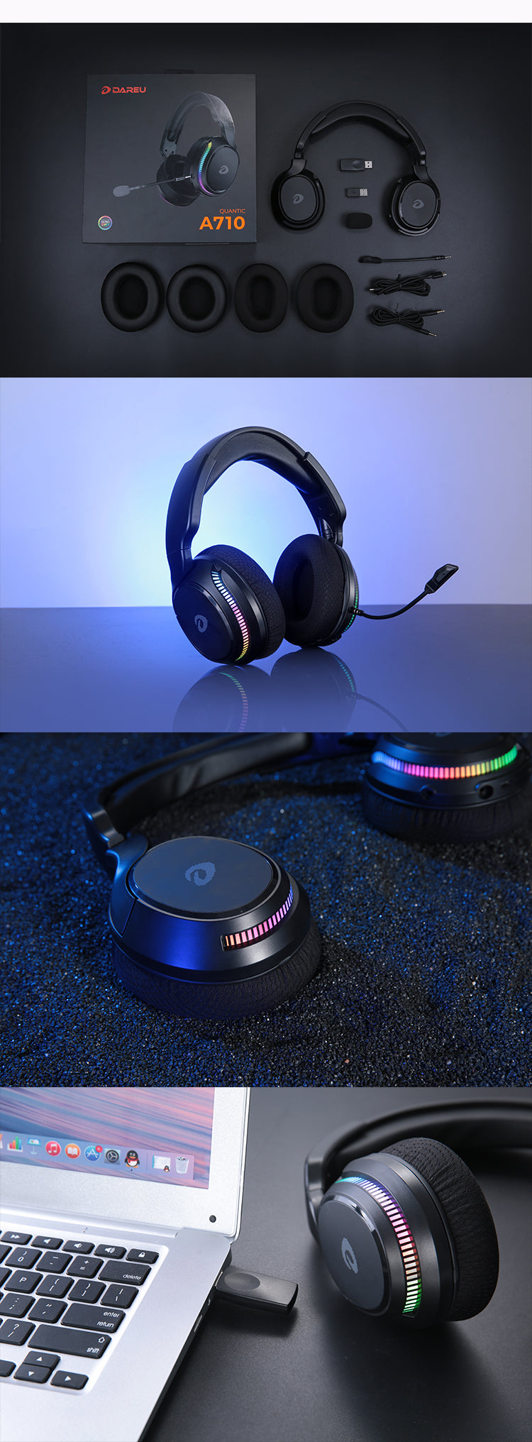 DAREU A710 Tri-Mode (5.8G + Type-C + 3.5mm) Wireless Gaming Headset with RGB Backlit Detachable Mic Noise Cancellation