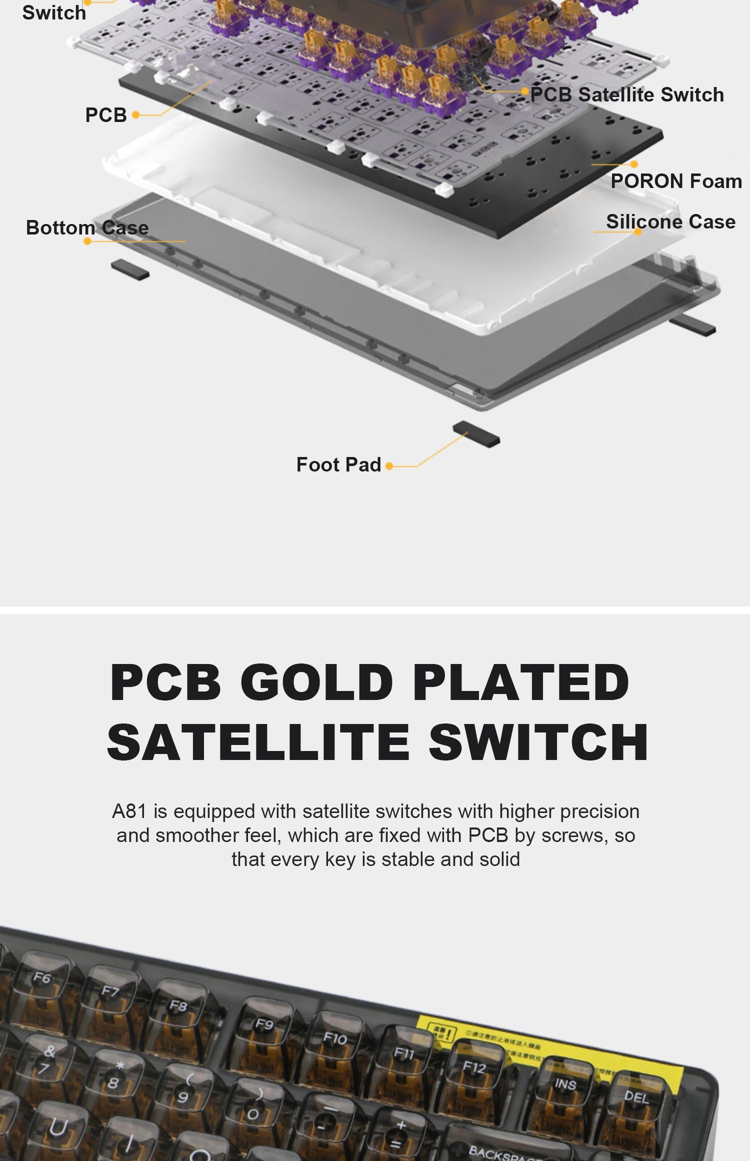 DAREU A81 81-Key GASKET Type-C Wired Mechanical Keyboard ft. Purple Gold Pro/Sky V3 Switches, N-Key Rollover & PBT Two-Color/PC Transparent Keycaps