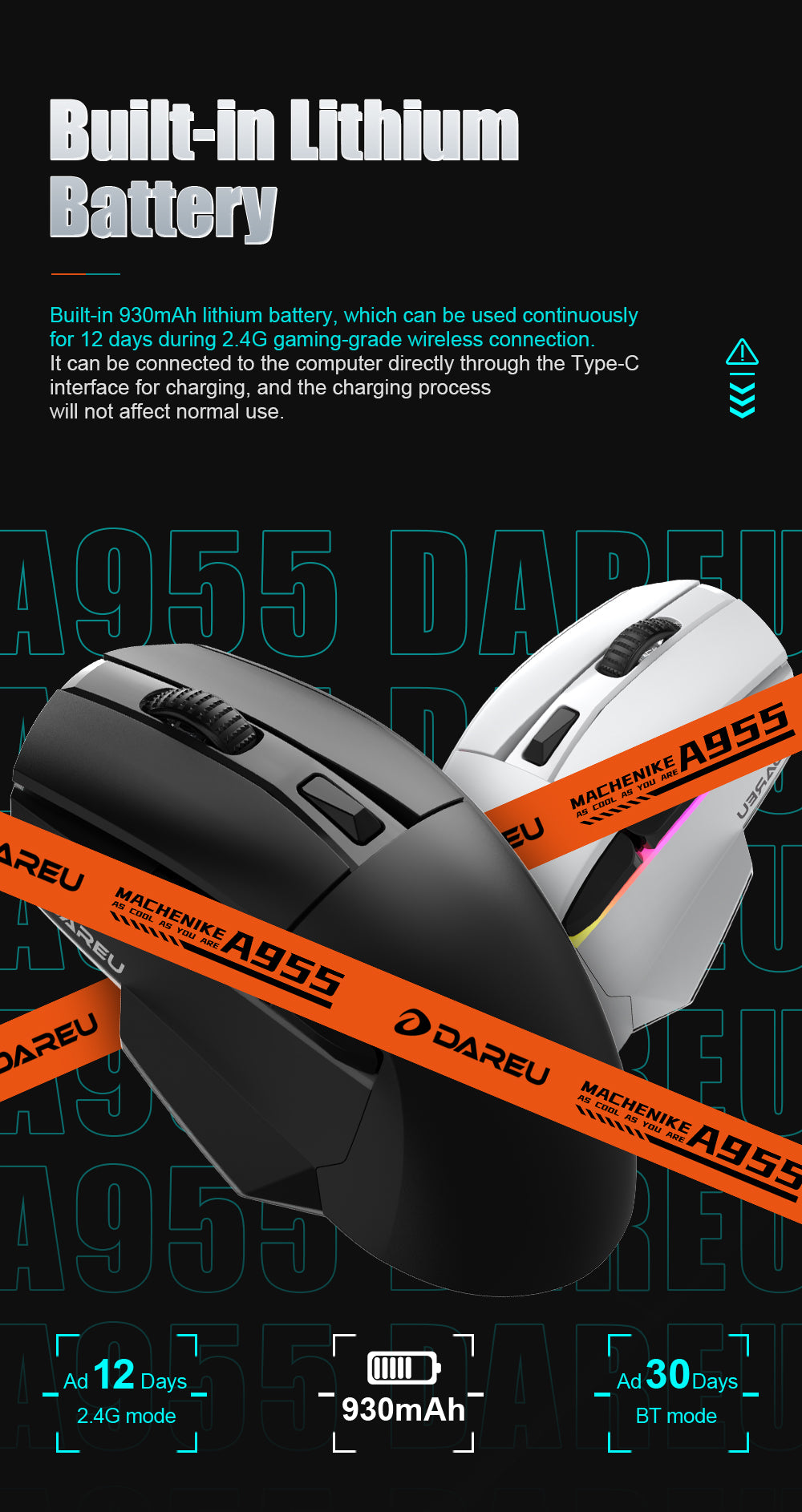 DAREU A955 Tri-Mode Wireless Gaming Mouse ft. AIM-WL Optical Sensor, Transparent Micro Switches, Transparent Bottom Cover & Magnetic Charging Base
