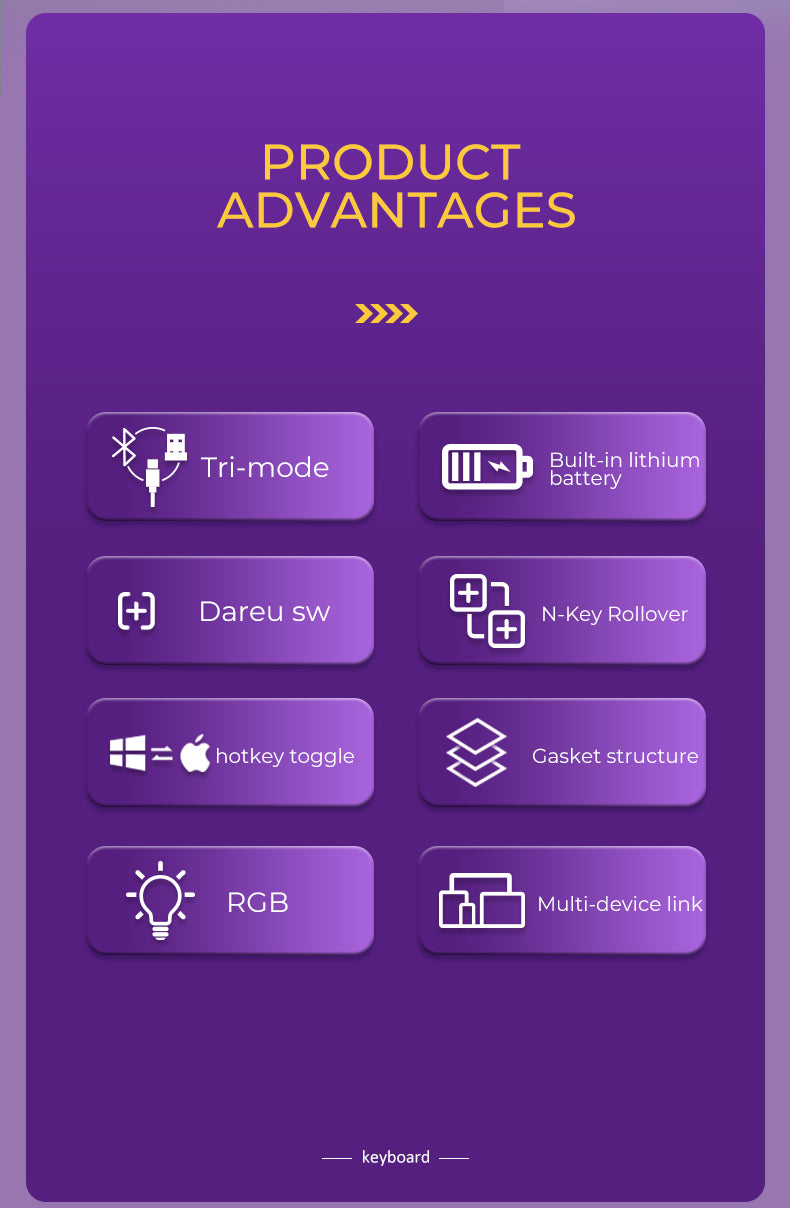 DAREU A87 PRO GASKET Tri-Mode 100% Hot-Swap 87-Key RGB Backlit Rechargeable Mechanical Gaming Keyboard with Violet Gold PRO / Sky V3 Switch