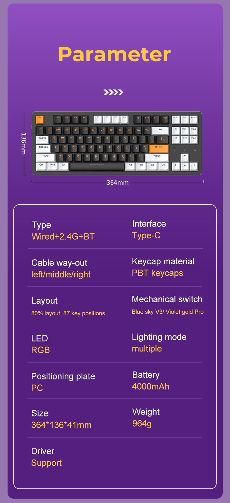 DAREU A87 PRO GASKET Tri-Mode 100% Hot-Swap 87-Key RGB Backlit Rechargeable Mechanical Gaming Keyboard with Violet Gold PRO / Sky V3 Switch