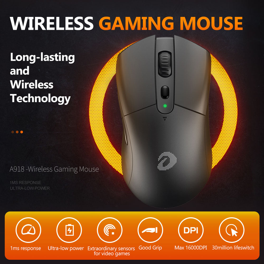 DAREU A918 FREEDOM Wireless Gaming and E-Sports Mouse with Built-In Reciver, 6 Programmable Response Keys, 16000DPI and 400IPS