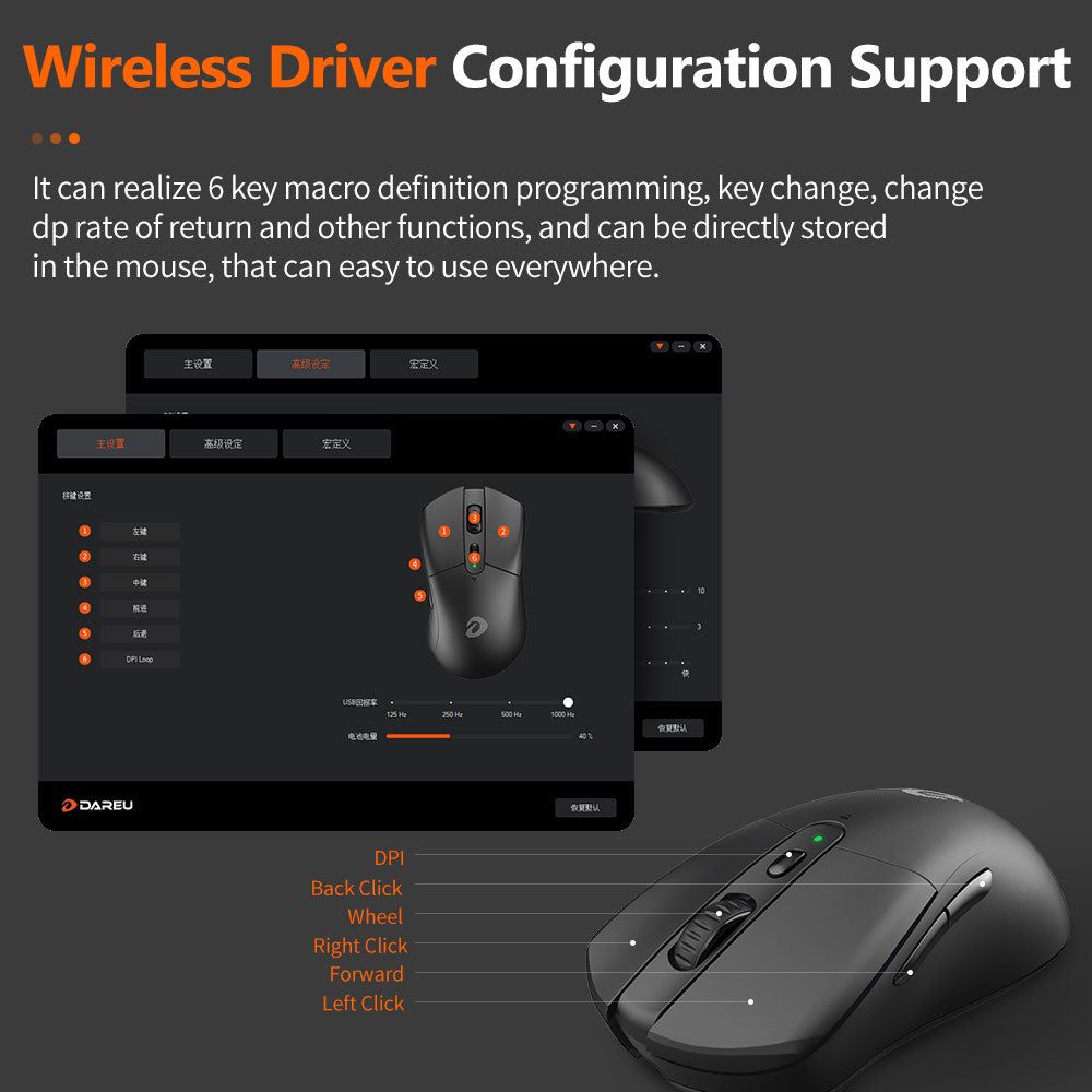 DAREU A918 FREEDOM Wireless Gaming and E-Sports Mouse with Built-In Reciver, 6 Programmable Response Keys, 16000DPI and 400IPS