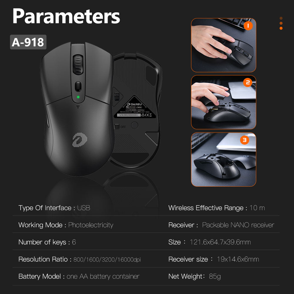 DAREU A918 FREEDOM Wireless Gaming and E-Sports Mouse with Built-In Reciver, 6 Programmable Response Keys, 16000DPI and 400IPS