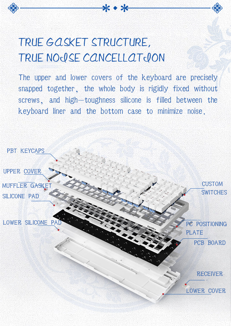 DAREU A98 Underglaze Blue Gasket Tri-Mode Connection 100% Hot-Swap 98-Key RGB Backlit Rechargeable Mechanical Gaming Keyboard with Sky V3 Switch & PBT Keycaps