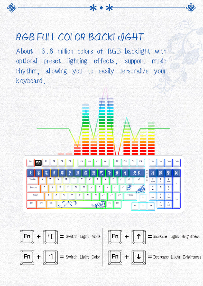 DAREU A98 Underglaze Blue Gasket Tri-Mode Connection 100% Hot-Swap 98-Key RGB Backlit Rechargeable Mechanical Gaming Keyboard with Sky V3 Switch & PBT Keycaps