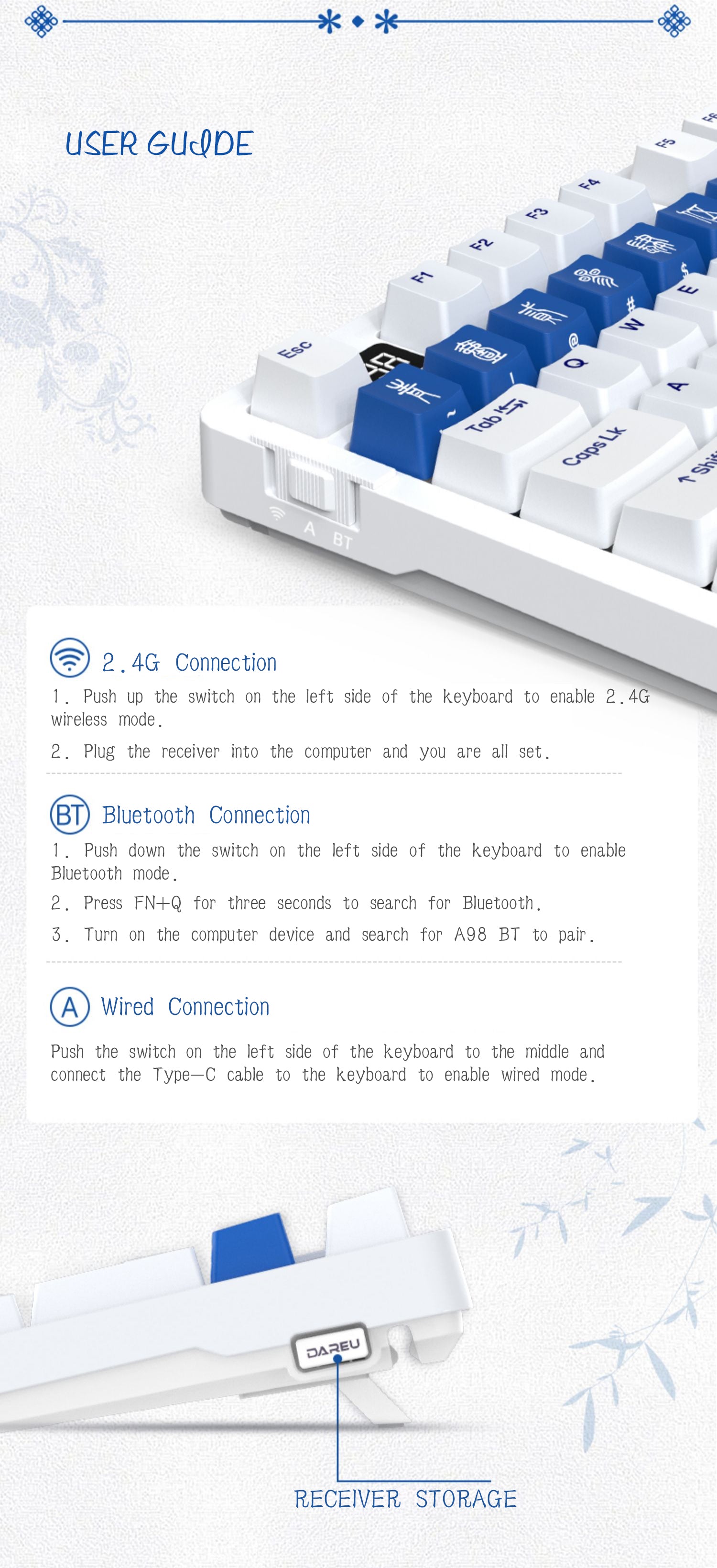 DAREU A98 Underglaze Blue Gasket Tri-Mode Connection 100% Hot-Swap 98-Key RGB Backlit Rechargeable Mechanical Gaming Keyboard with Sky V3 Switch & PBT Keycaps