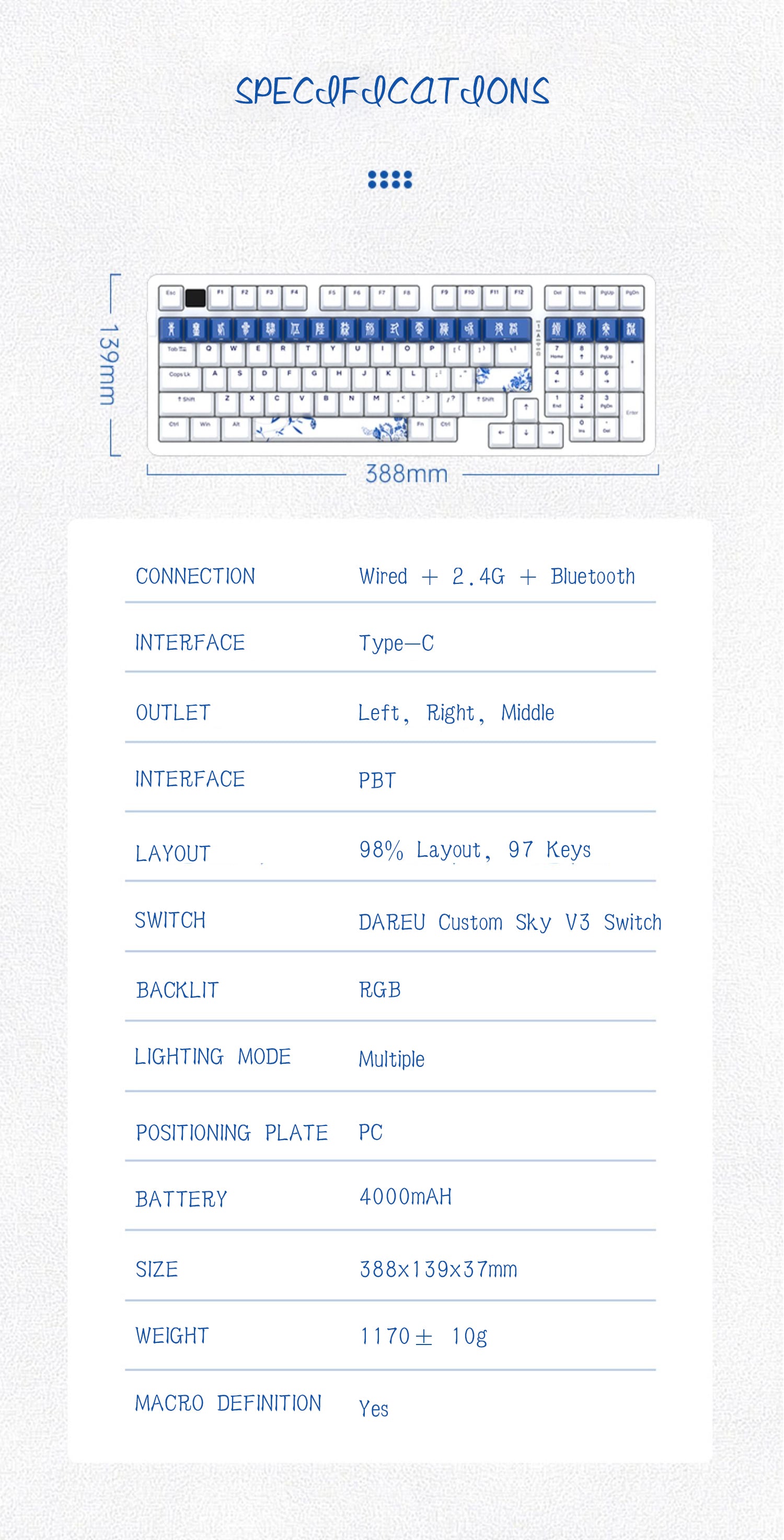 DAREU A98 Underglaze Blue Gasket Tri-Mode Connection 100% Hot-Swap 98-Key RGB Backlit Rechargeable Mechanical Gaming Keyboard with Sky V3 Switch & PBT Keycaps