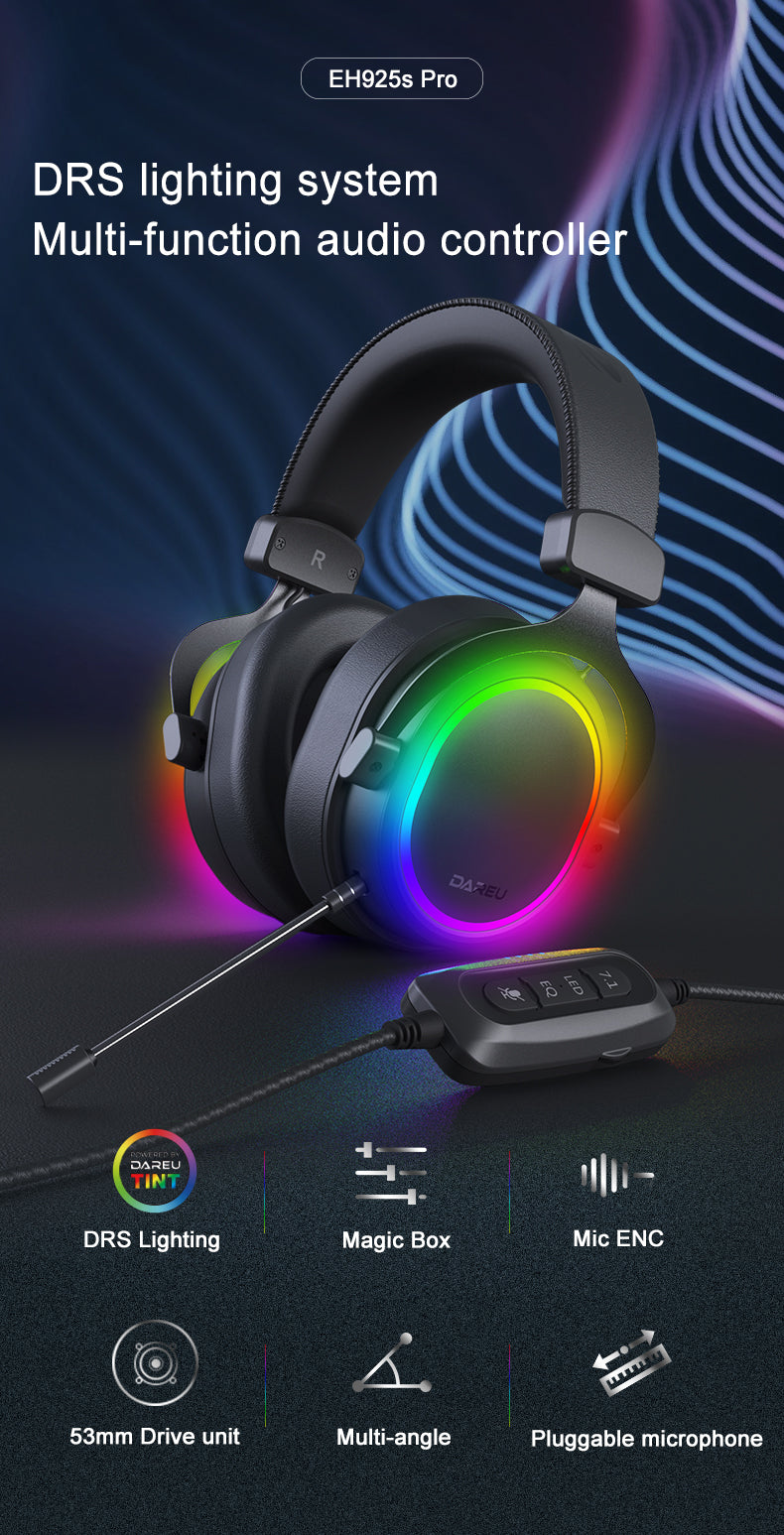 DAREU EH925s PRO Flowing RGB Backlit Noice Canceling Powerful Gaming Headset with DRS Lighting System, 7.1 Surround Sound and Magic Box Audio Controller