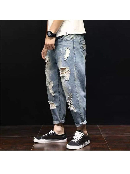 LONGBIDA Retro Streetwear Trousers Men Ripped Jeans Baggy Fashion