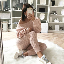 Top+Pants Knitted Suit O-Neck Women Outwear 2 Piece Set