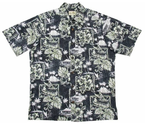 <img src="hawaiian-shirts-black-kayak-hibi.jpeg" alt="black sloha shirt has hibscus, diamondhead, and kayak print"/>