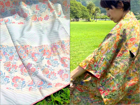 <img src="kimono-style-cardigan-silk-fabric.jpg" alt="Two photos left side - white silk Japanese Kimono fabric has pale flower print, right side - a lady wear silk Kimono gown has various colors of flowers print."/>