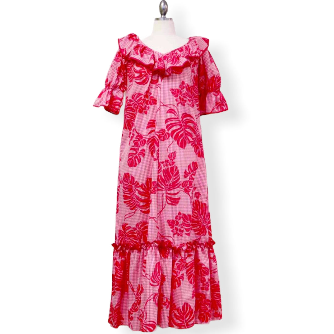 Muumuu Dress with V Neck Pink Plaid & Monstera Leaf Print | Muumuu Mall ...