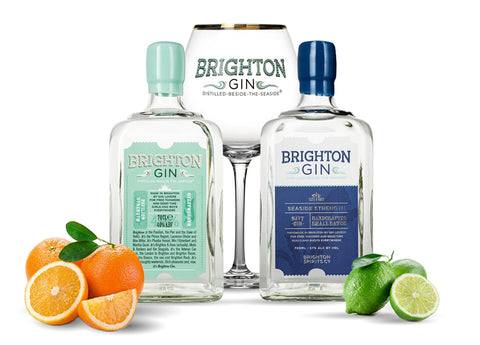 Brighton Gin - Pavilion 70cl Bottle, Seaside 70cl Bottle & copa gin glass