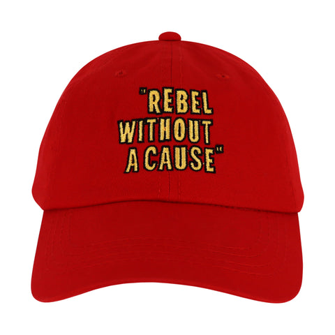 Rebel Without A Cause Hat. This crimson red cap features the film’s name embroidered in bold yellow on the front.