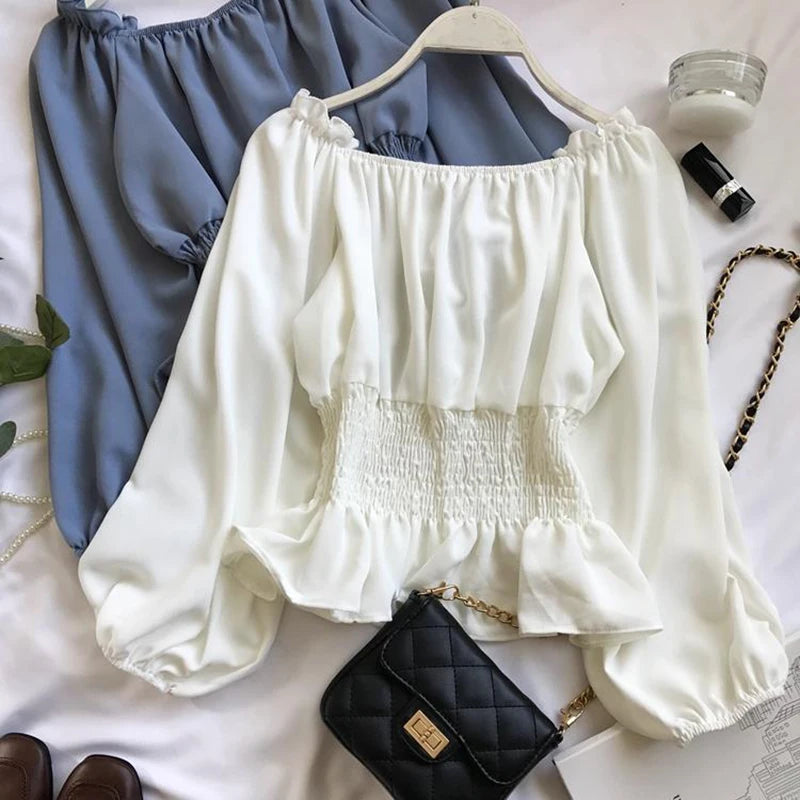 Chiffon Fashion Blouse Off Shoulder White Ruffle Puff Sleeve