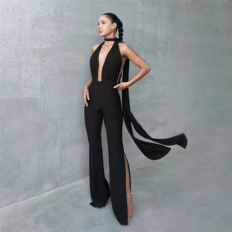 Deep V Wrap Around Halter Sexy Backless Flare Pants Jumpsuit