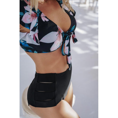 Black Floral Print Front Tie High Waist Bikini Swimsuit with Ruffles by Azura Exchange