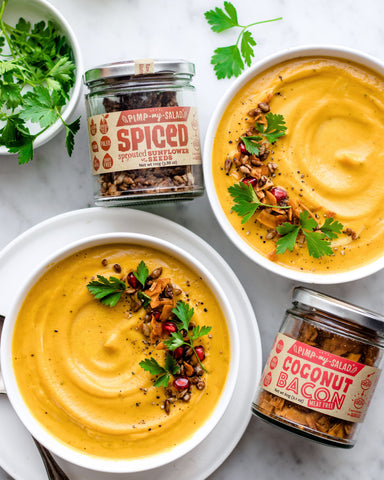 Vegan Pumpkin Soup with Spiced Sprouted Sunflower Seeds