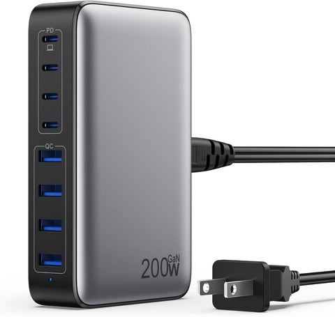 HHETP 200W GaN III 8-Port (4 USB-A, 4 USB-C) Fast Charging Wall Charging Station