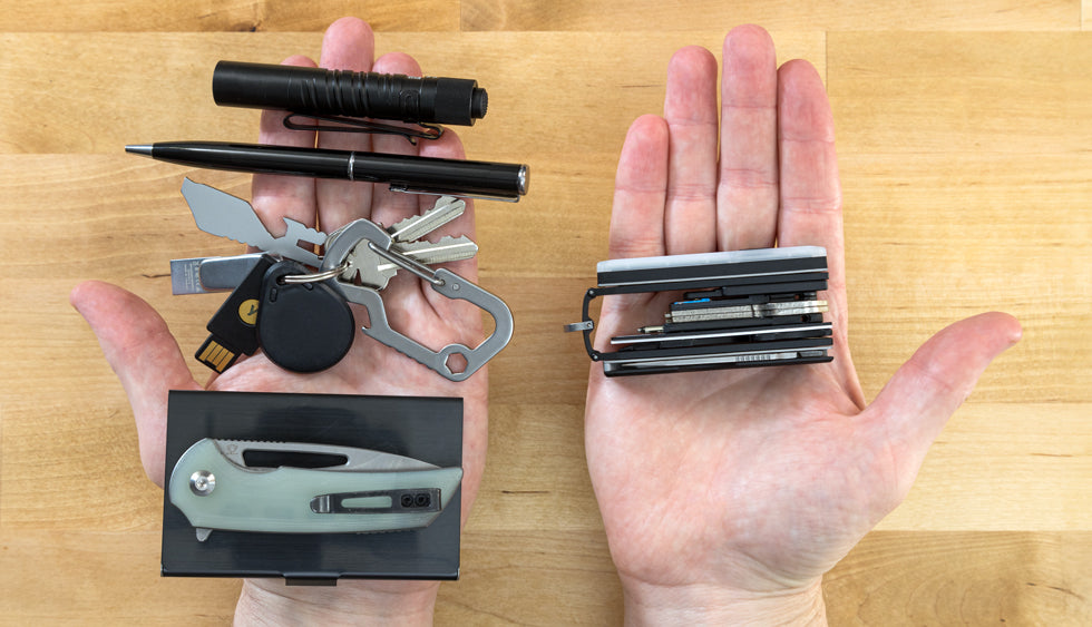 Both hands contain the same tools: pocket everyday carry including keychain, pocket knife, business card, pen, and flashlight vs. modular Keyport Pivot 2.0 key organizer