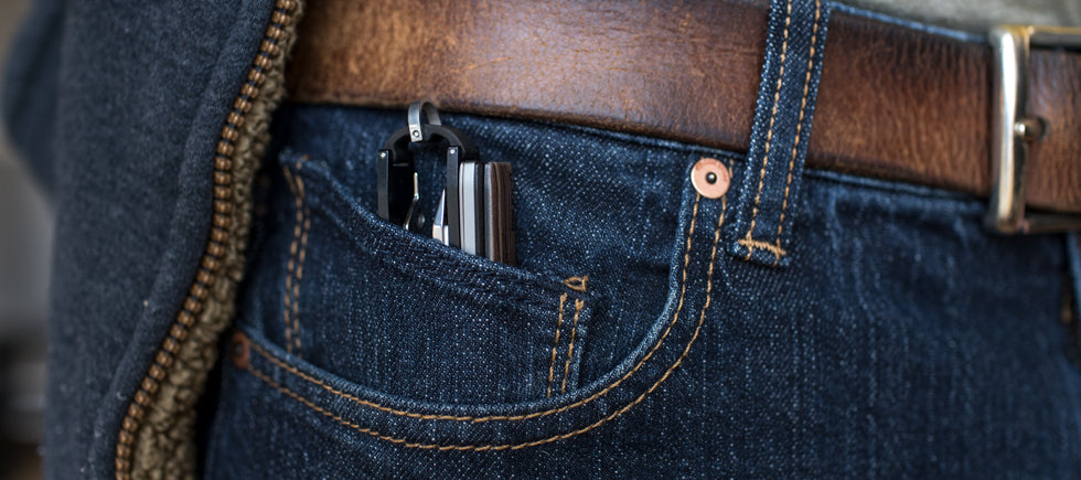 Keyport Pivot fits silently and securely in the 5th pocket of a pair of jeans