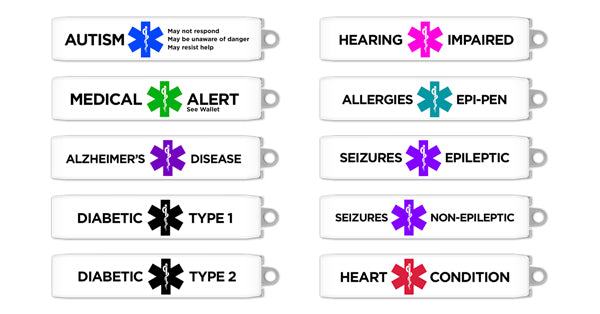 Keyport Medical Alert Clip options include Autism, Allergy, Alzheimer's, Diabetes, Hearing Impaired, Heart Condition, See Wallet, and Seizures