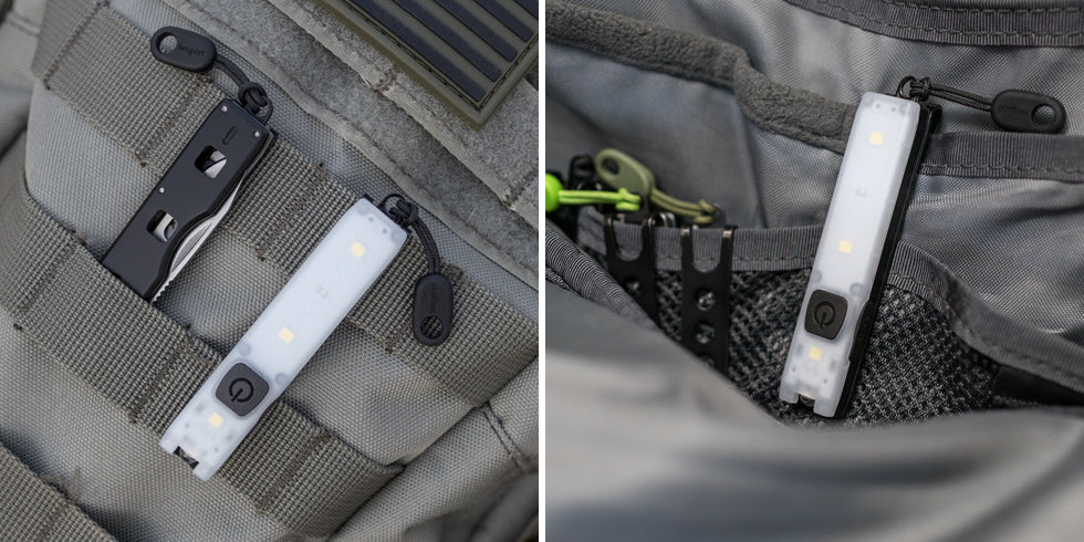 Pocket Flare flashlight attached to molle webbing on backpack