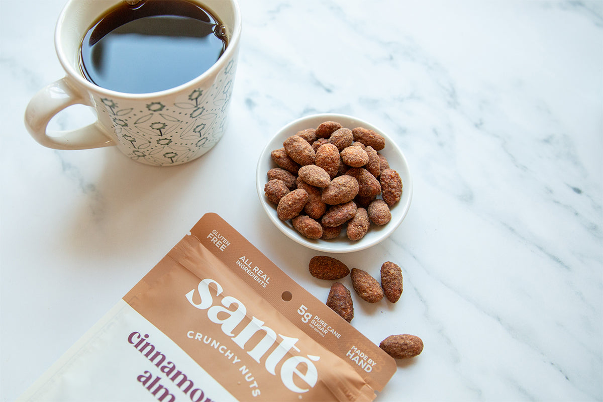 Santé Nuts - Cinnamon Spice Almonds paired with coffee